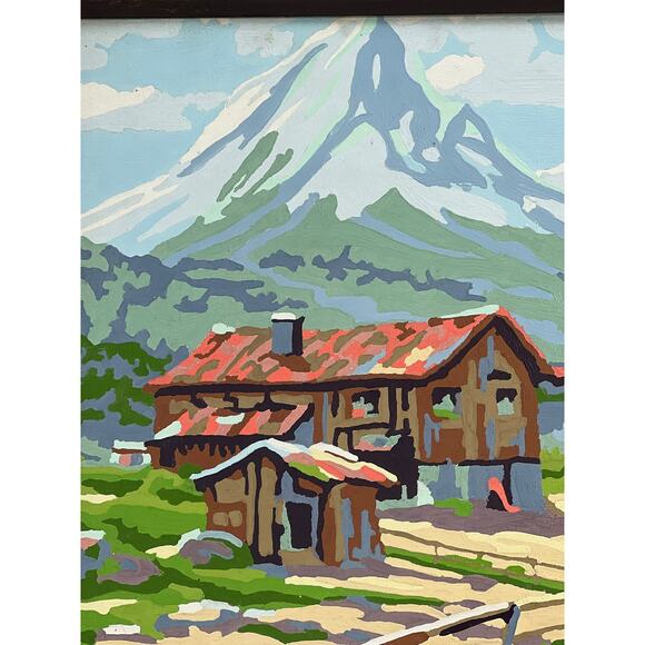 Vtg Paint By Number Cabin Lodge with Snowy Mountain View 18x14 Framed 50s PBN - Picture 2 of 7
